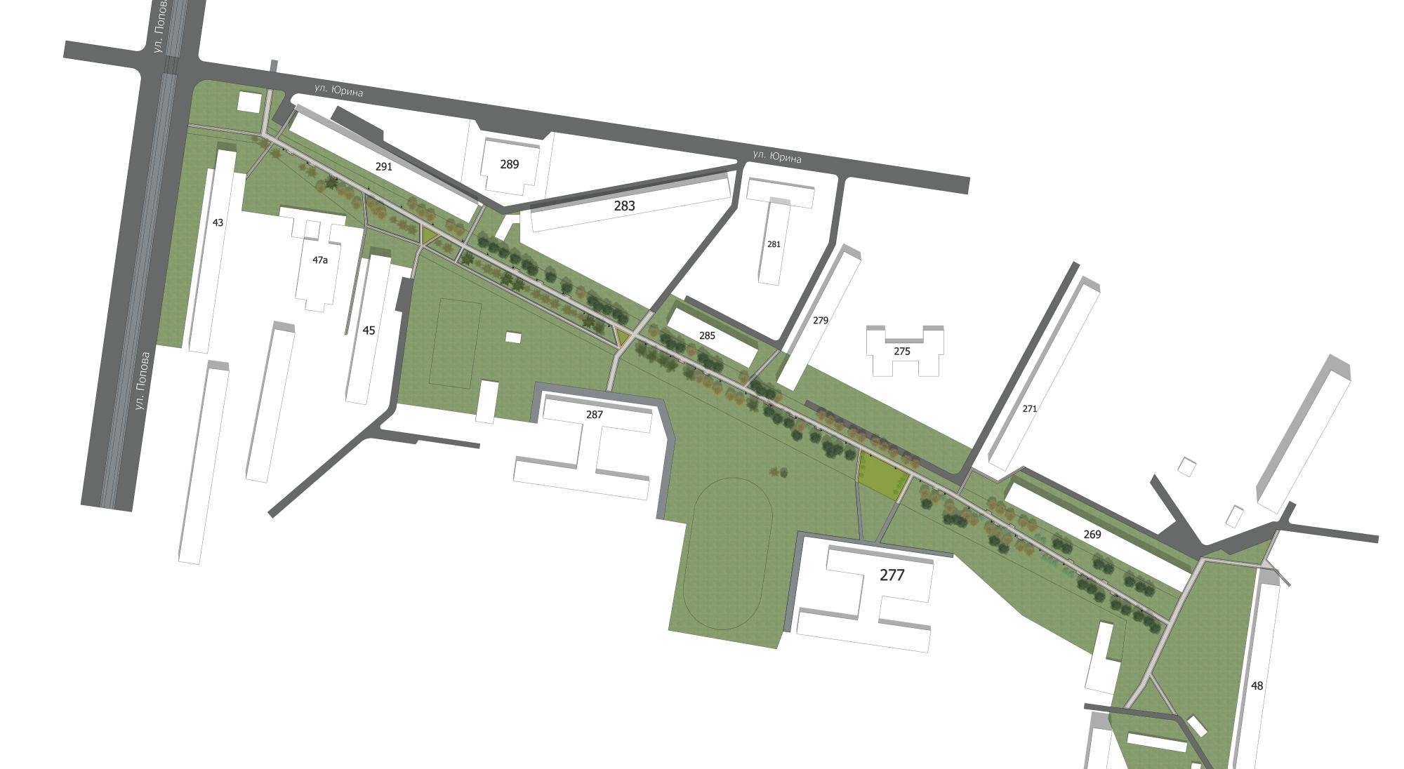 Зеленая зона на улице Юрина (от дома №48 по ул.Островского, до дома №291 по  ул.Юрина)
